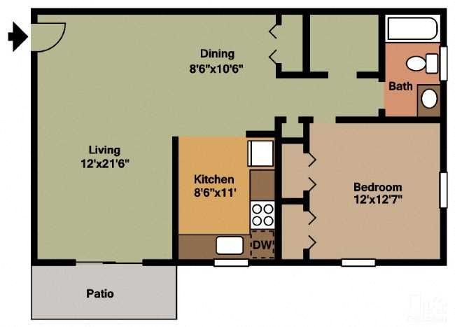 Floor plan for 1 bed, 1 bath, 763 sqft