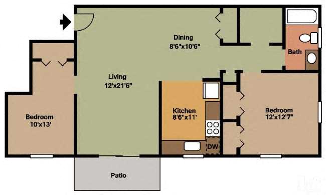 Floor plan for 2 beds, 1 bath, 901 sqft