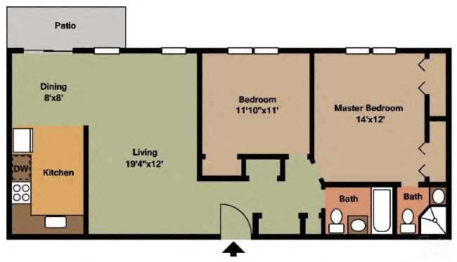 Floor plan for 2 beds, 2 baths, 915 sqft