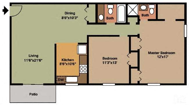 Floor plan for 2 beds, 2 baths, 1060 sqft