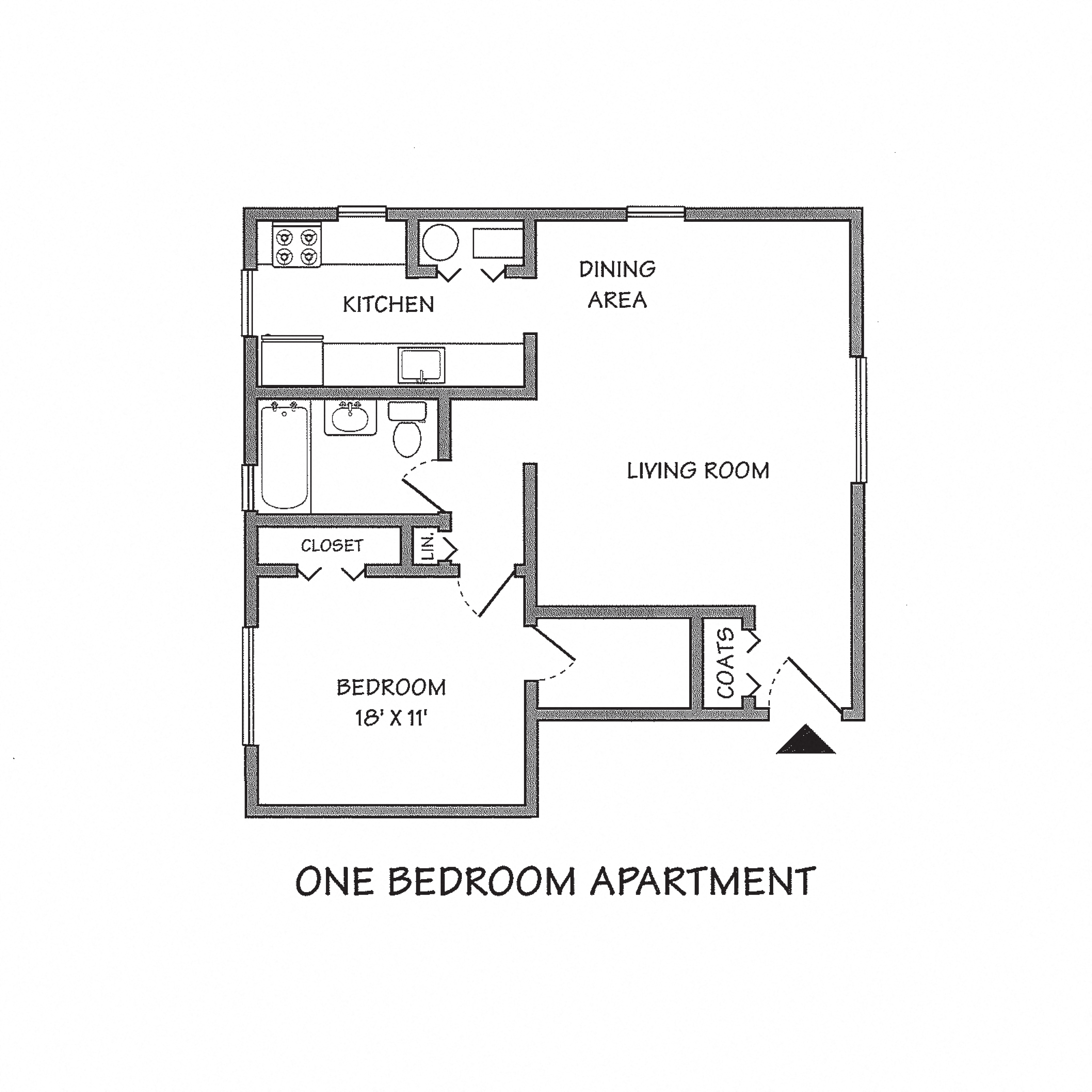 Floor plan for 1 bed, 1 bath, 582 sqft