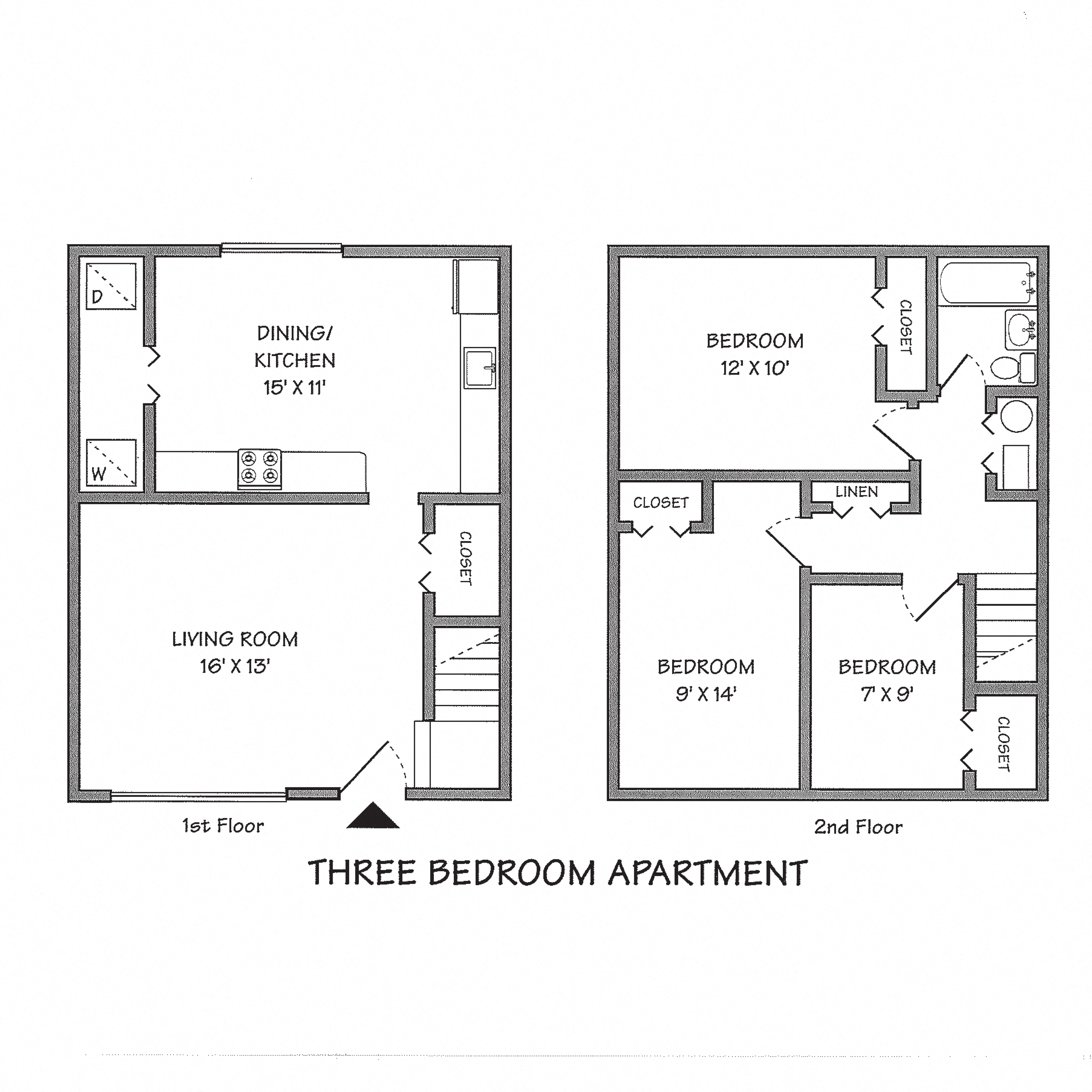 Floor plan for 3 beds, 1 bath, 1066 sqft