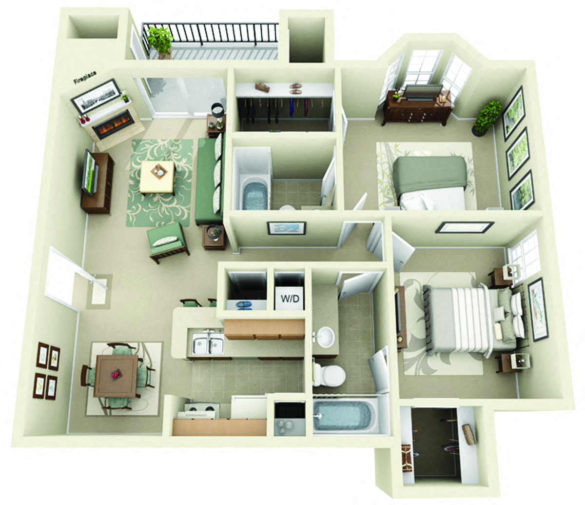 Floor plan for 2 beds, 2 baths, 884 sqft