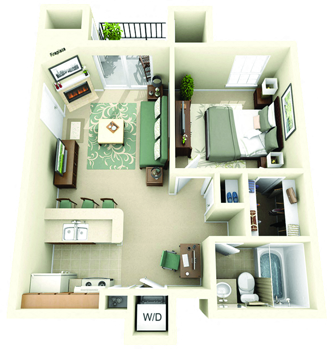 Floor plan for 1 bed, 1 bath, 529 sqft