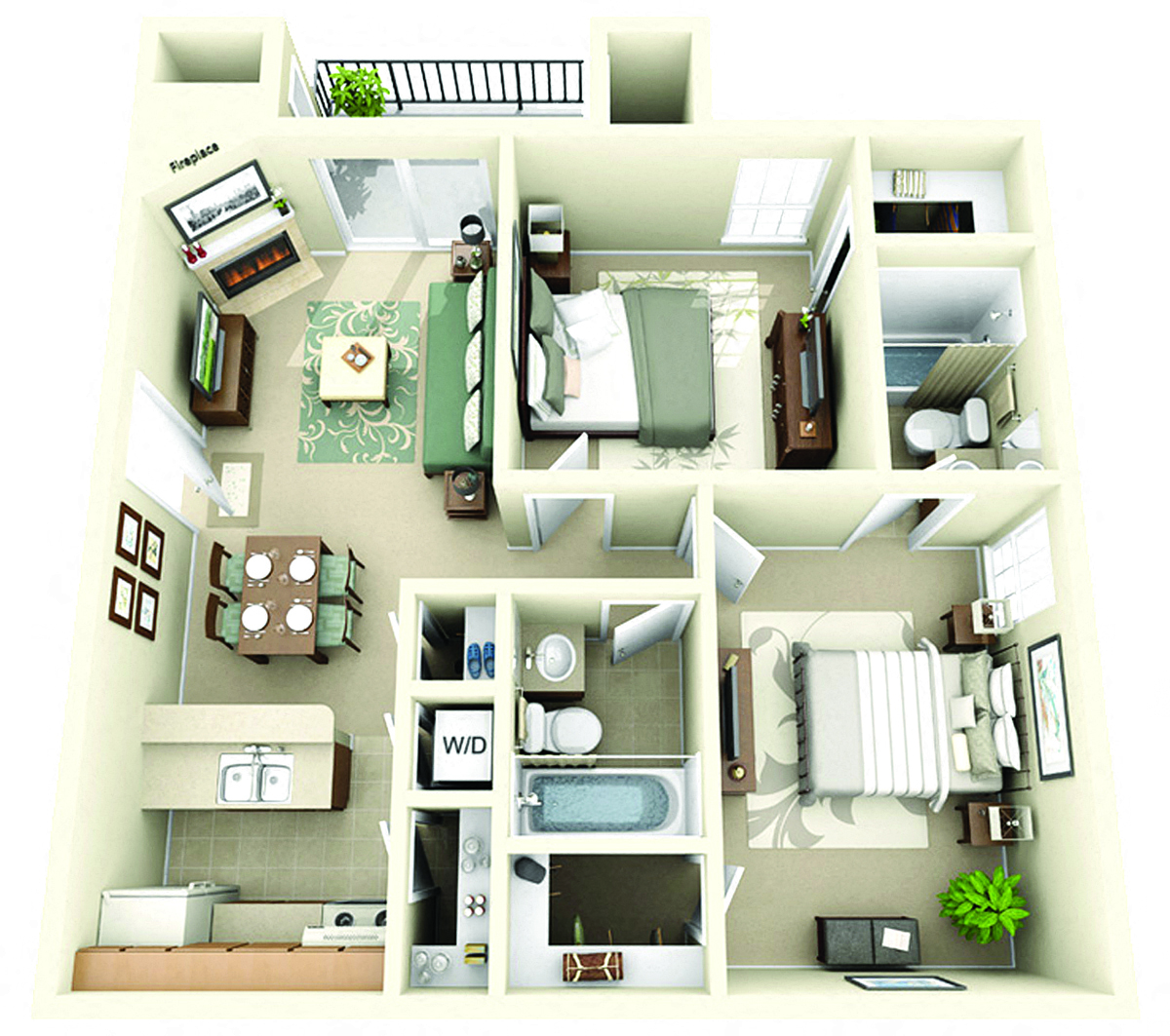 Floor plan for 2 beds, 2 baths, 783 sqft