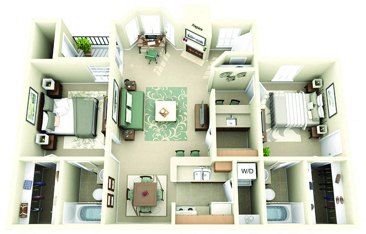 Floor plan for 2 beds, 2 baths, 978 sqft