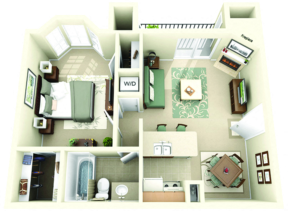 Floor plan for 1 bed, 1 bath, 610 sqft