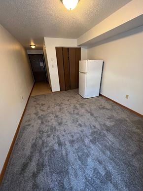 Moorhead apartment for rent - A white refrigerator sits in a room with a carpeted floor.