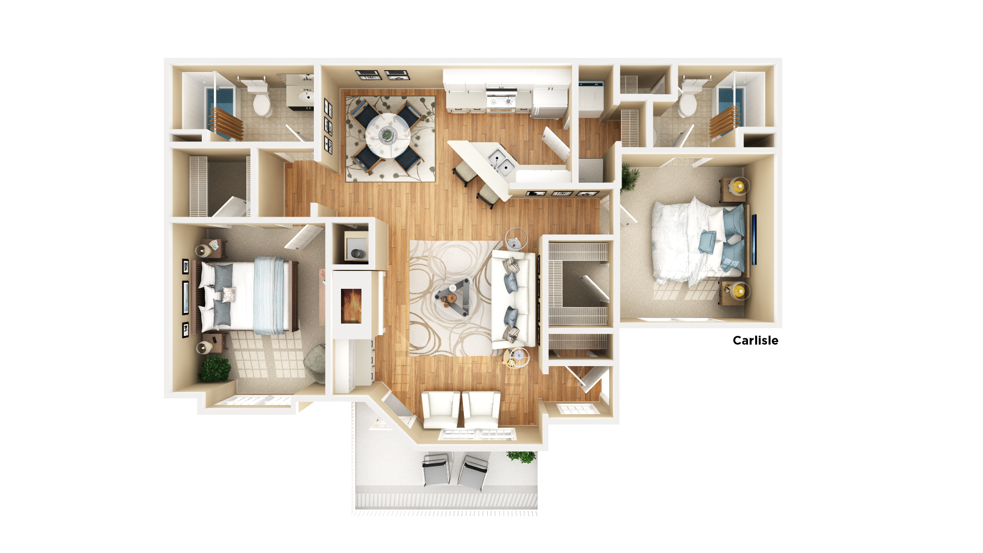 Floor plan for 2 beds, 2 baths, 1256 sqft
