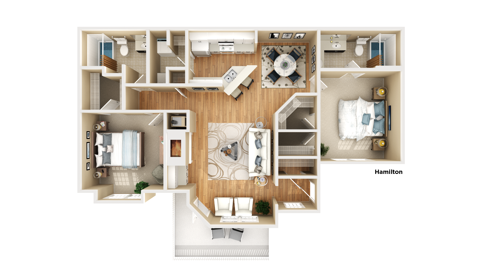 Floor plan for 2 beds, 2 baths, 1327 sqft