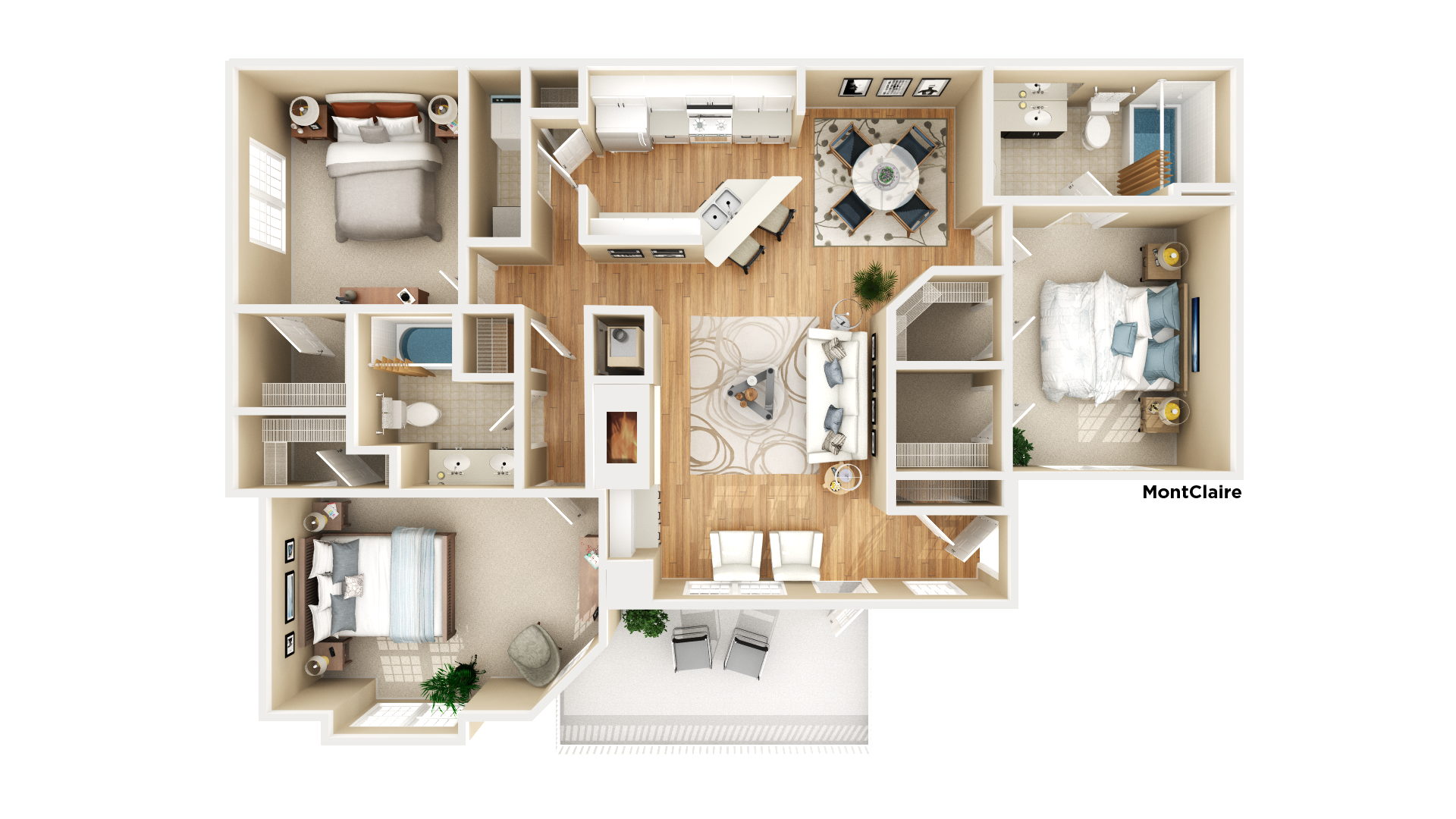 Floor plan for 3 beds, 2 baths, 1540 sqft