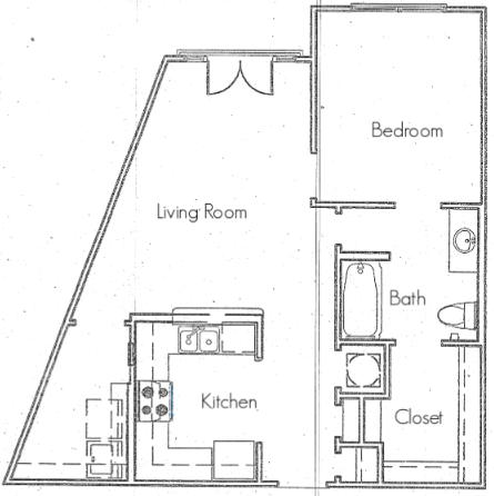 Floor plan for 1 bed, 1 bath, 683 sqft