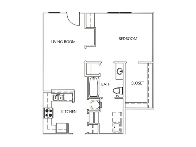 Floor plan for 1 bed, 1 bath, 753 sqft