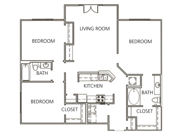 Floor plan for 3 beds, 2 baths, 1302 sqft