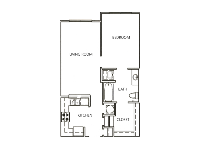 Floor plan for 1 bed, 1 bath, 622 sqft