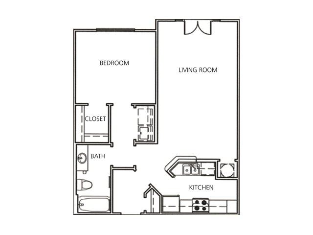 Floor plan for 1 bed, 1 bath, 727 sqft
