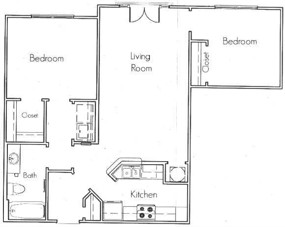 Floor plan for 2 beds, 1 bath, 866 sqft