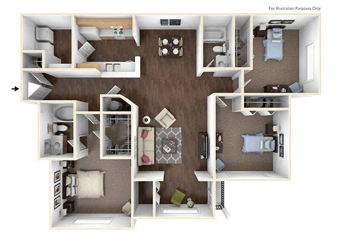 Floor plan for 3 beds, 2 baths, 1459 sqft