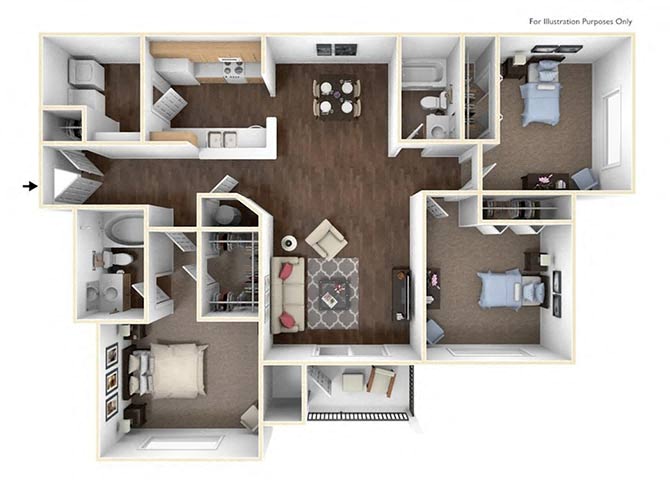 Floor plan for 3 beds, 2 baths, 1419 sqft