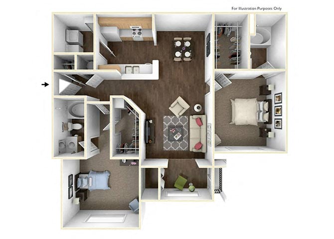 Floor plan for 2 beds, 2 baths, 1296 sqft