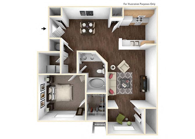 Floor plan for 1 bed, 1 bath, 981 sqft
