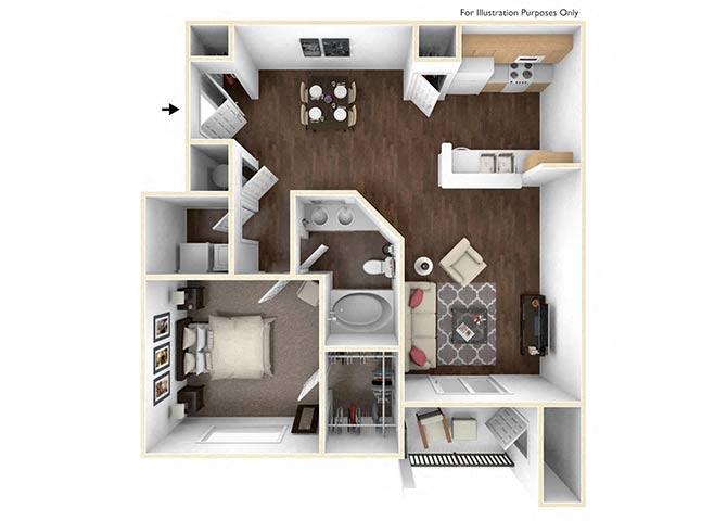 Floor plan for 1 bed, 1 bath, 940 sqft
