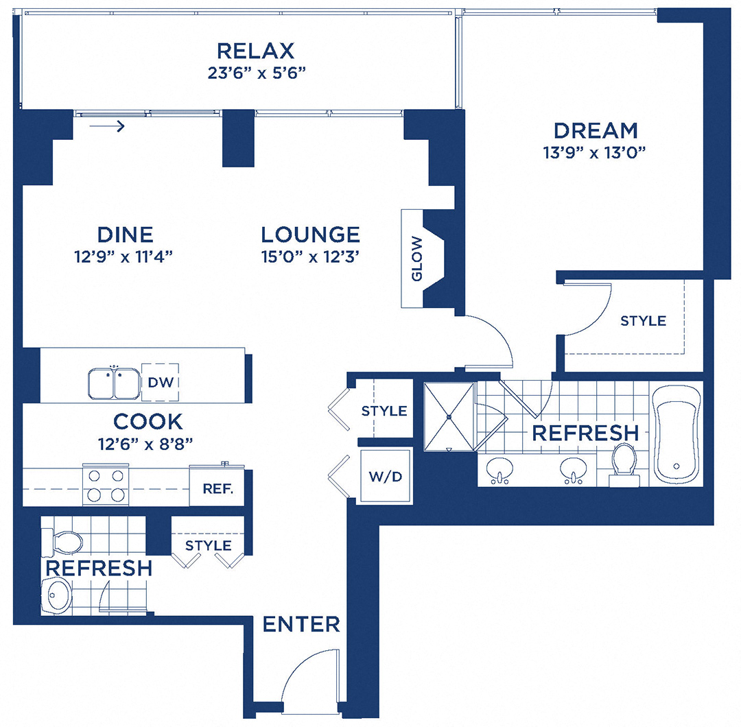 Floor plan for 1 bed, 1.5 baths, 1083 sqft