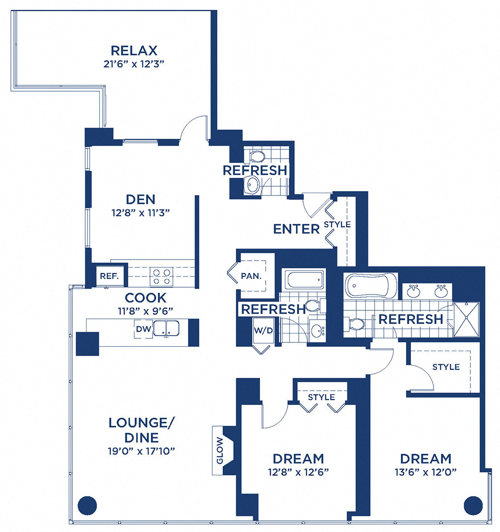 Floor plan for 2 beds, 2.5 baths, 1627 sqft