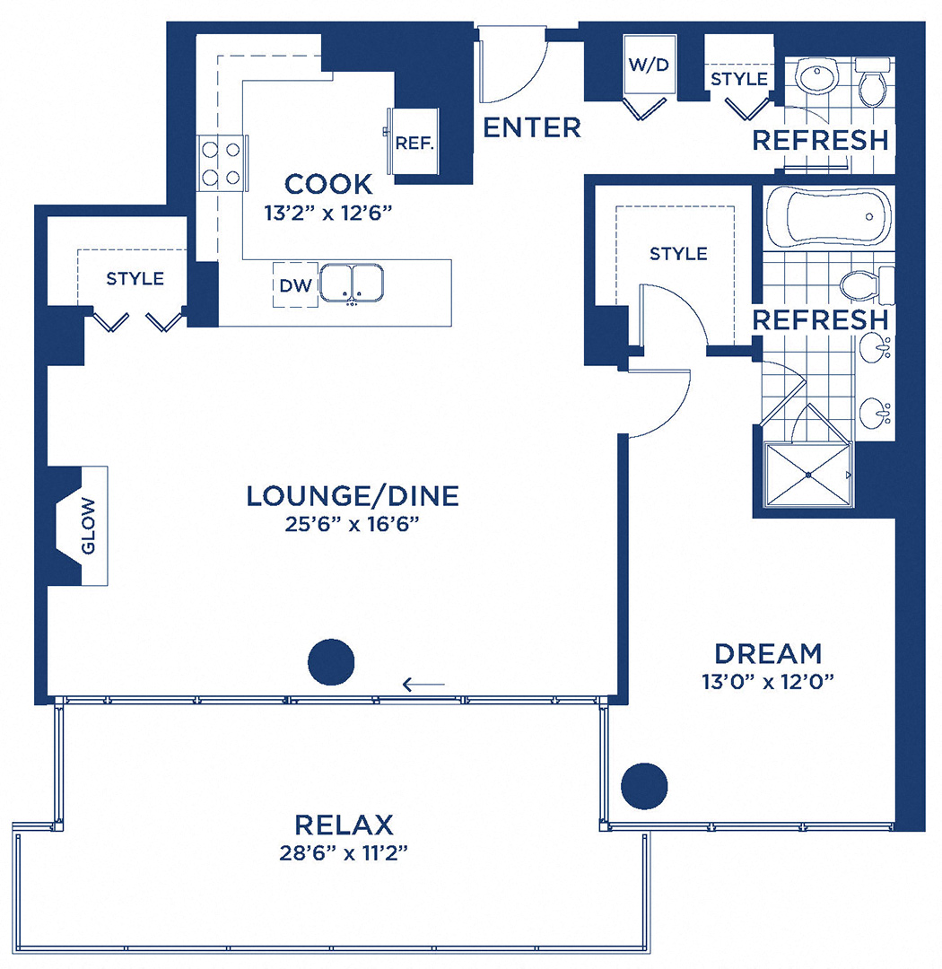 Floor plan for 1 bed, 1.5 baths, 1196 sqft