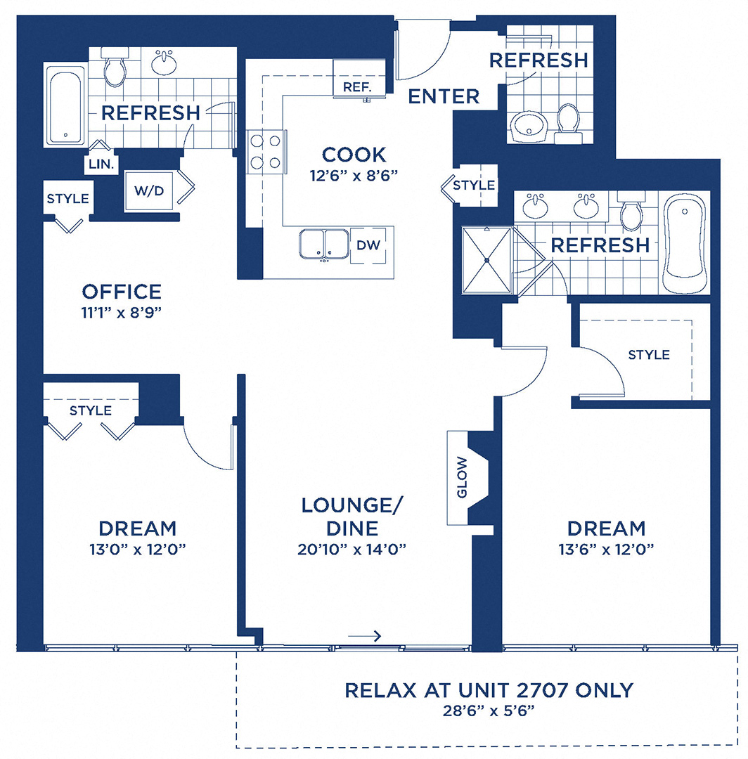 Floor plan for 2 beds, 2.5 baths, 1352 sqft