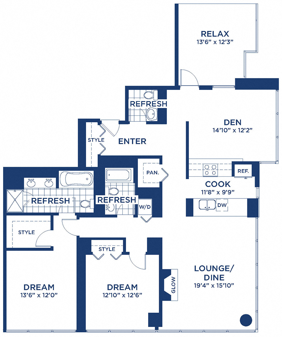 Floor plan for 2 beds, 2.5 baths, 1601 sqft