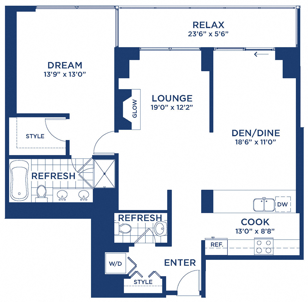 Floor plan for 1 bed, 1.5 baths, 1167 sqft