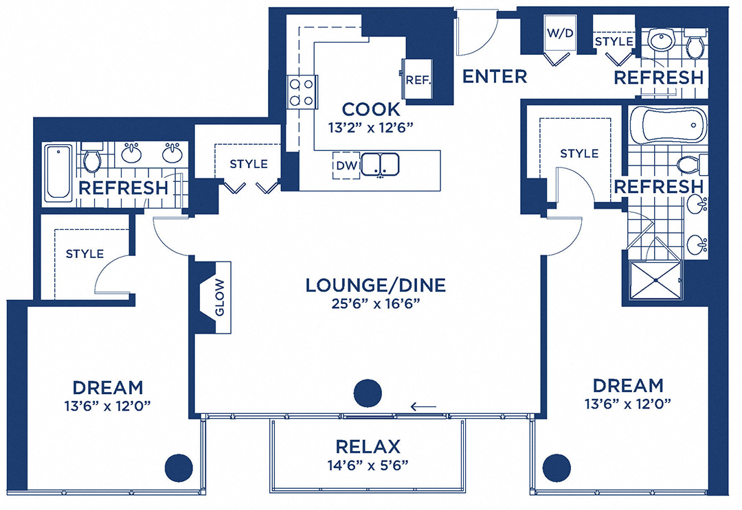 Floor plan for 2 beds, 2.5 baths, 1556 sqft