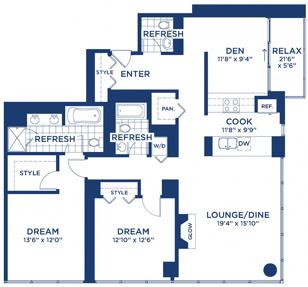 Floor plan for 2 beds, 2.5 baths, 1535 sqft