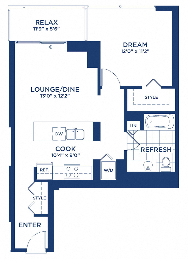 Floor plan for 1 bed, 1 bath, 735 sqft
