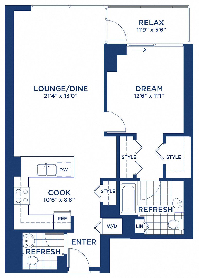 Floor plan for 1 bed, 1.5 baths, 886 sqft