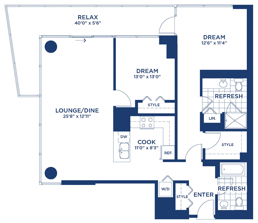 Floor plan for 2 beds, 2 baths, 1191 sqft