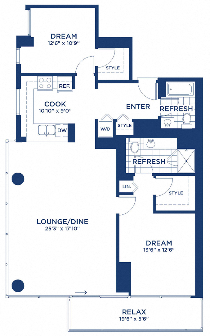Floor plan for 2 beds, 2 baths, 1319 sqft