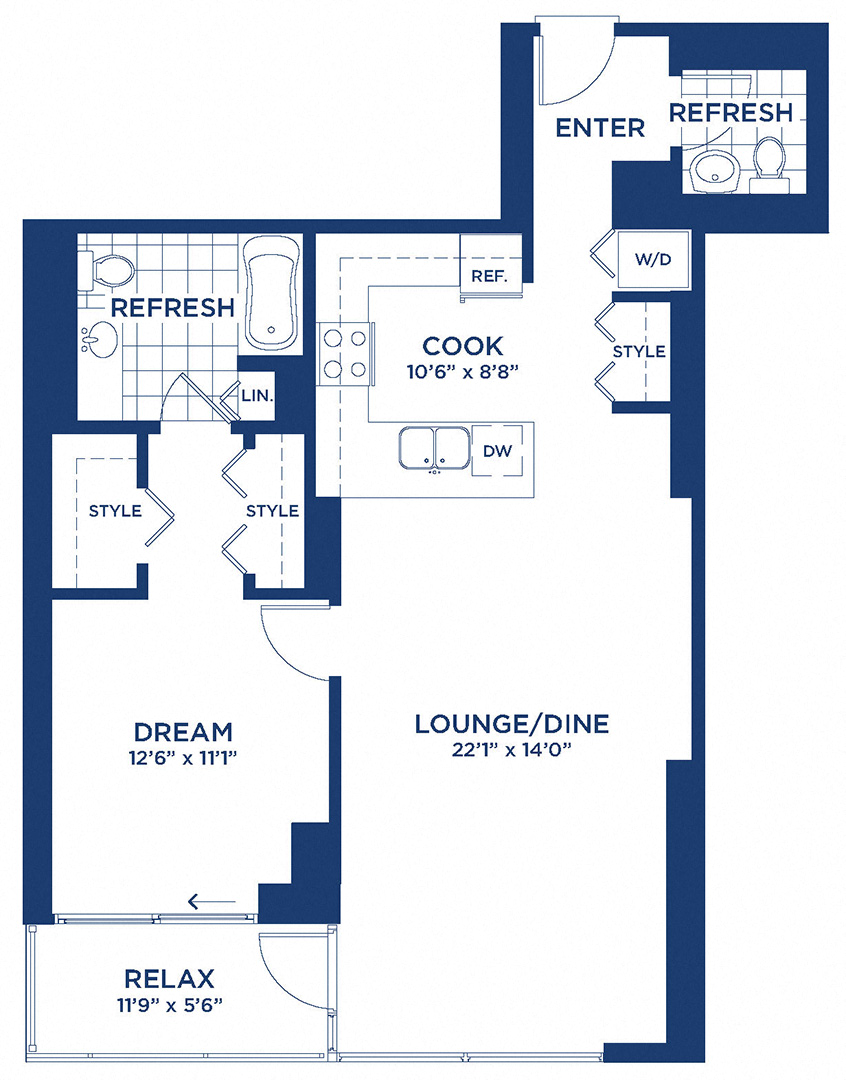 Floor plan for 1 bed, 1.5 baths, 908 sqft