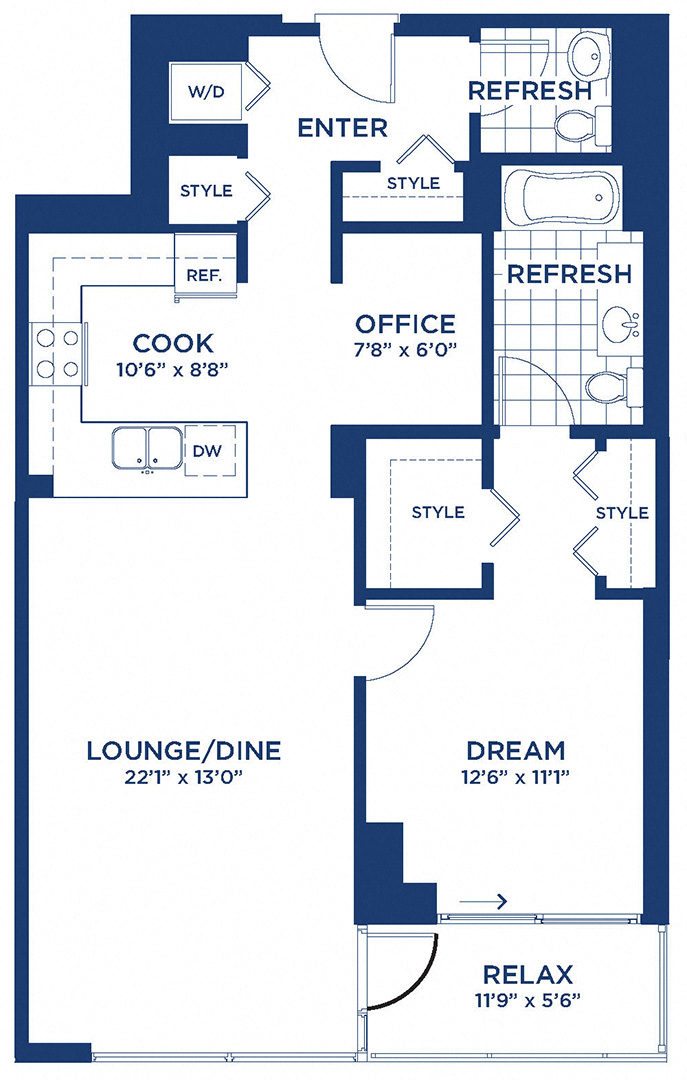 Floor plan for 1 bed, 1.5 baths, 963 sqft