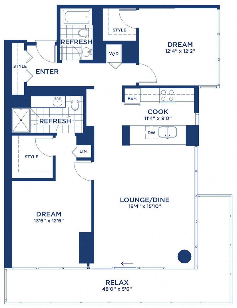 Floor plan for 2 beds, 2 baths, 1262 sqft