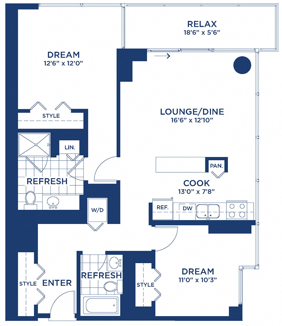 Floor plan for 2 beds, 2 baths, 1046 sqft