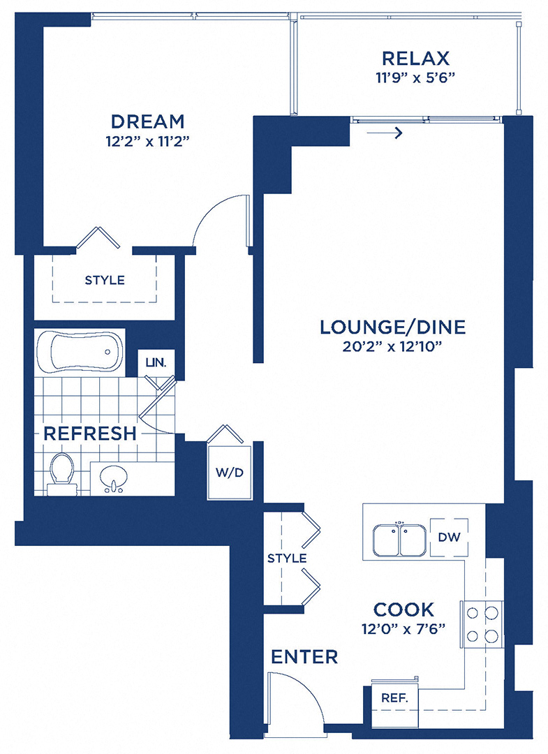 Floor plan for 1 bed, 1 bath, 815 sqft