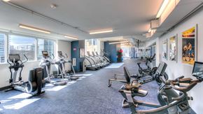 Chicago apartment for rent - A long room that extends very far down. There are various exercise machines lining both walls all the way down There are windows along the left.