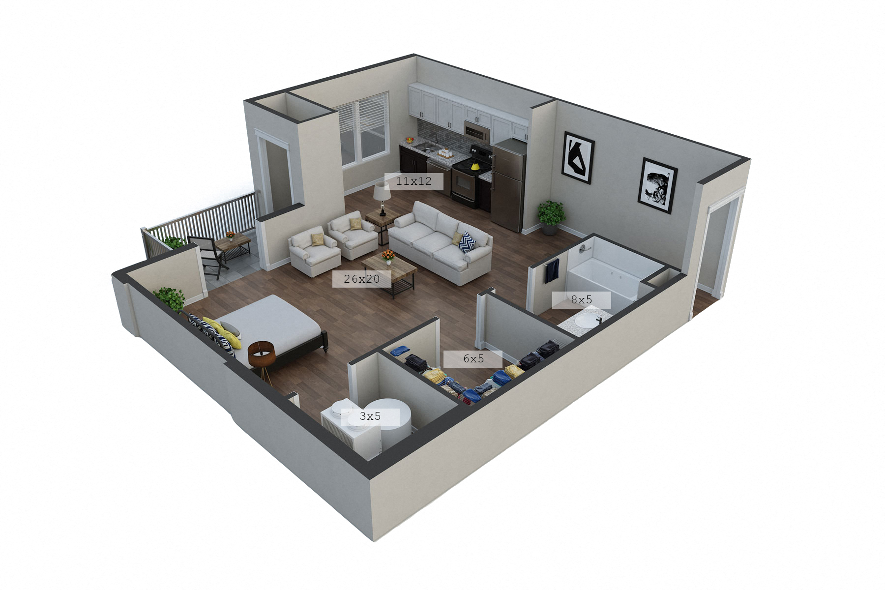 Floor plan for studio, 1 bath, 625 sqft