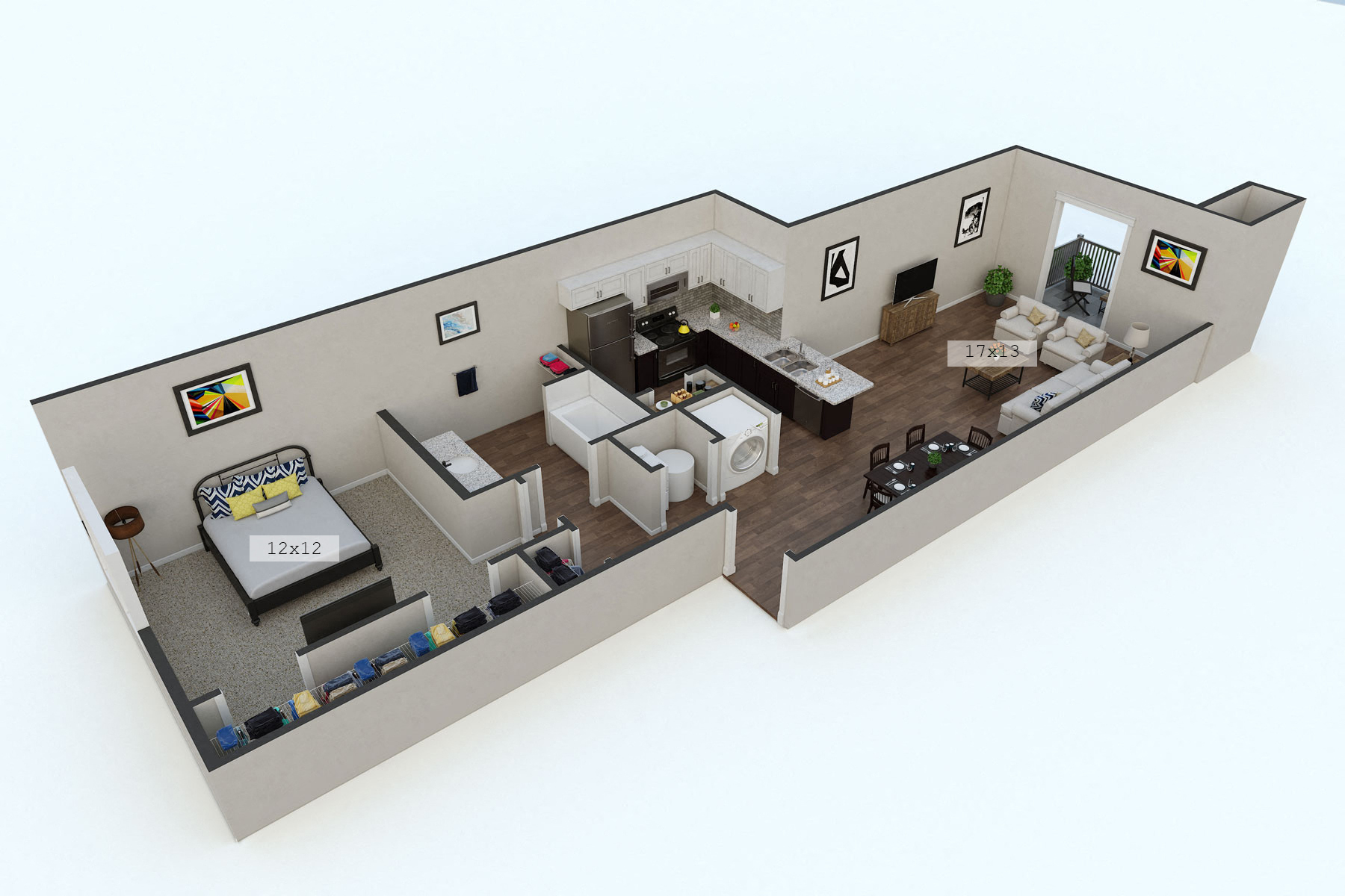 Floor plan for 1 bed, 1 bath, 755 sqft