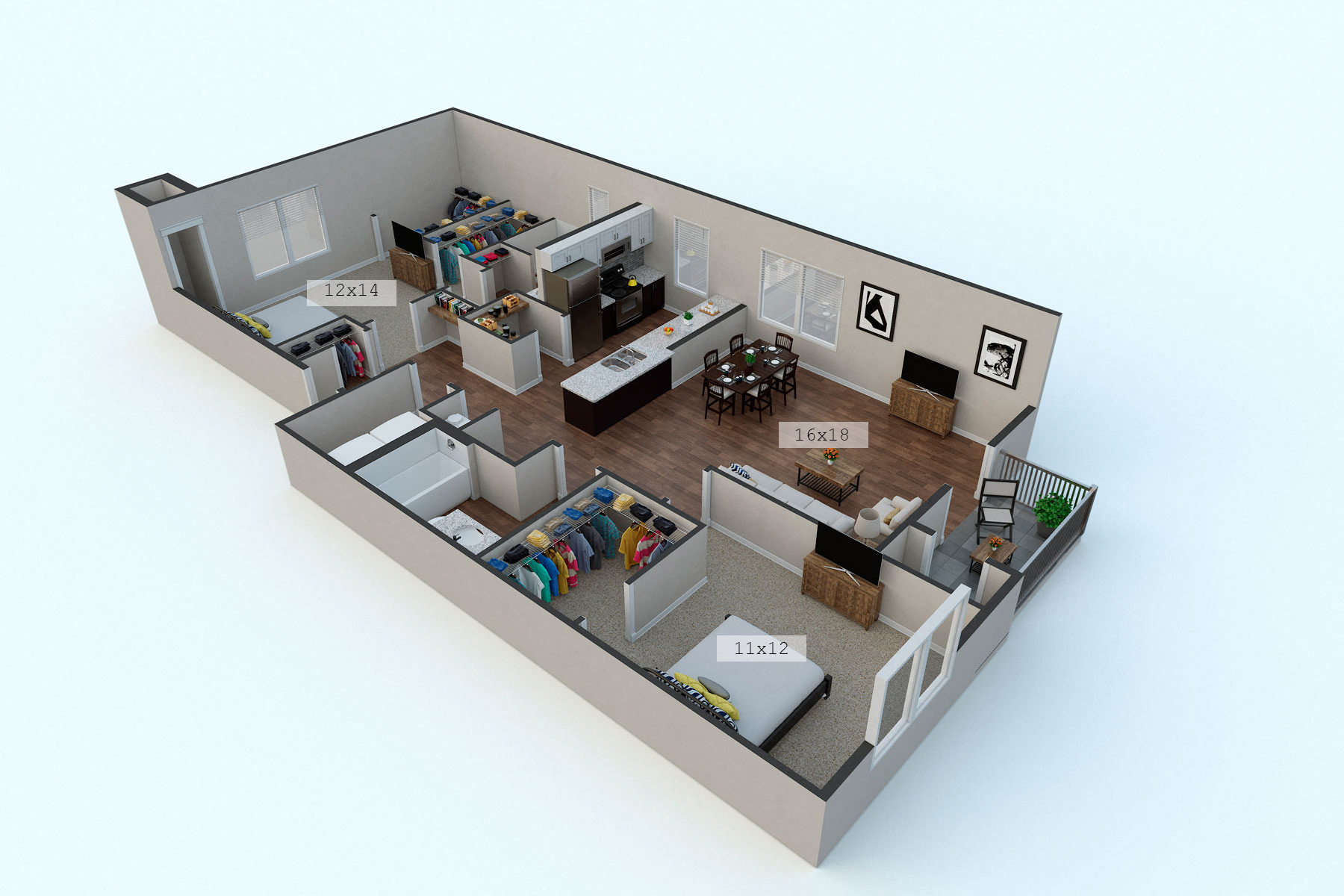 Floor plan for 2 beds, 2 baths, 1245 sqft
