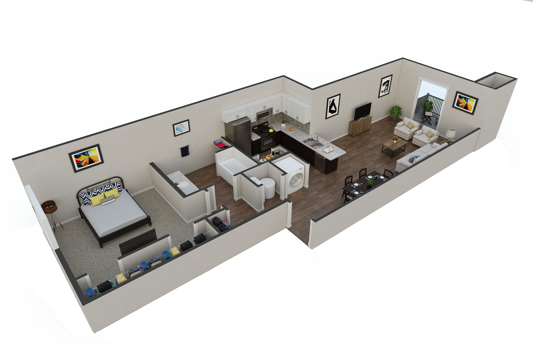Floor plan for 1 bed, 1 bath, 755 sqft