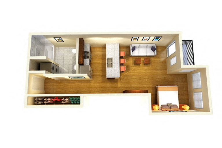 Floor plan for studio, 1 bath, 534 sqft