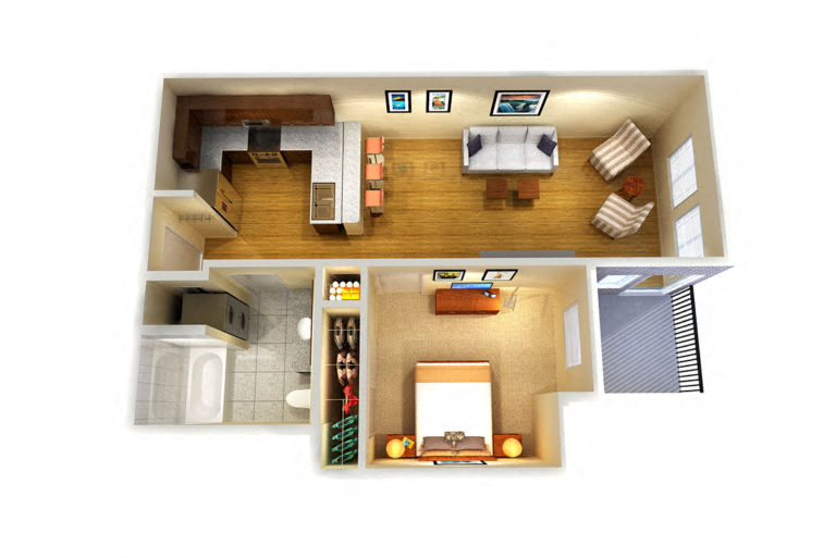 Floor plan for 1 bed, 1 bath, 642 sqft